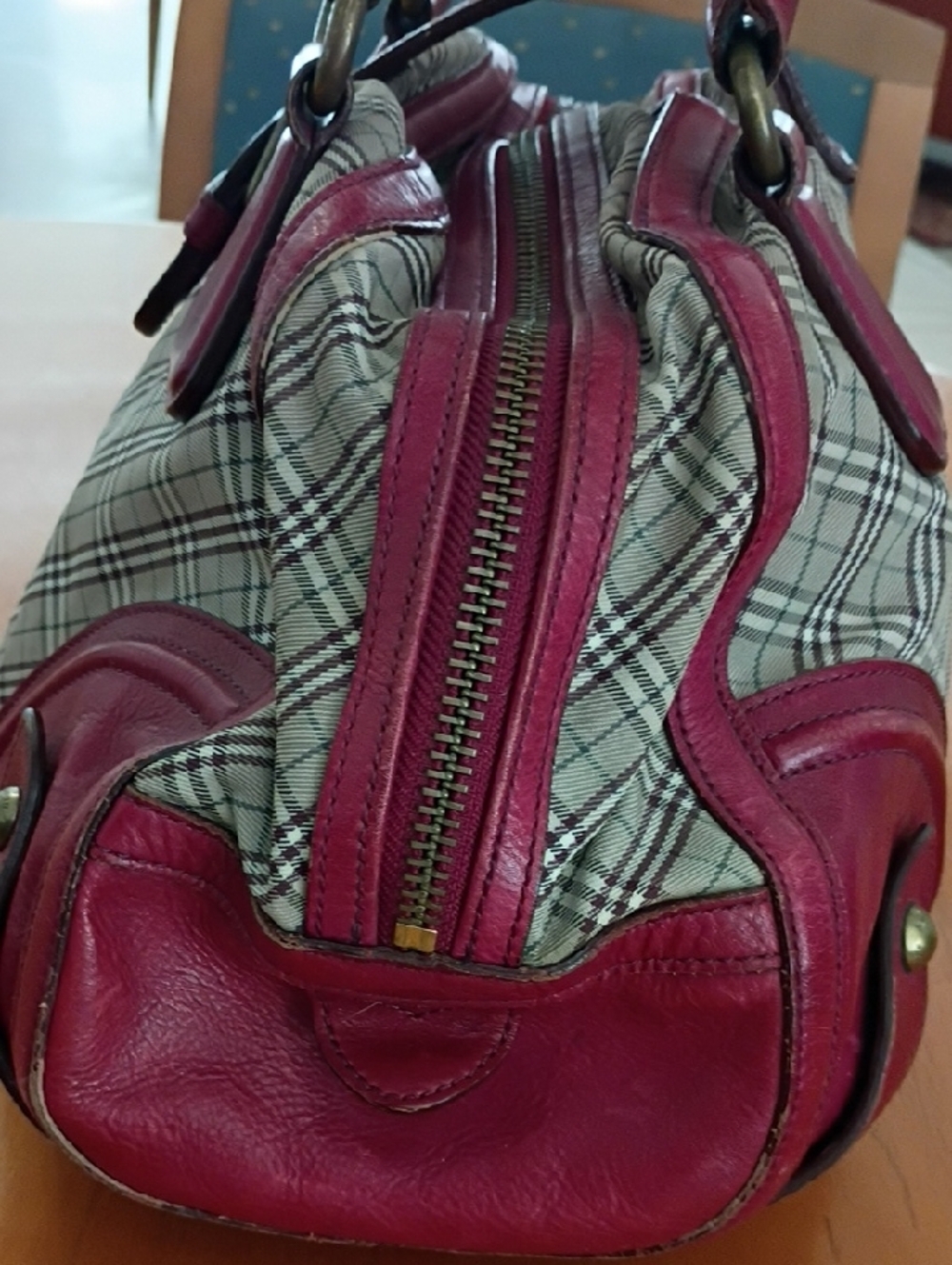 Burberry Blue Label  Beige Plaid Satchel with Red Leather Trim - Picture 8 of 12